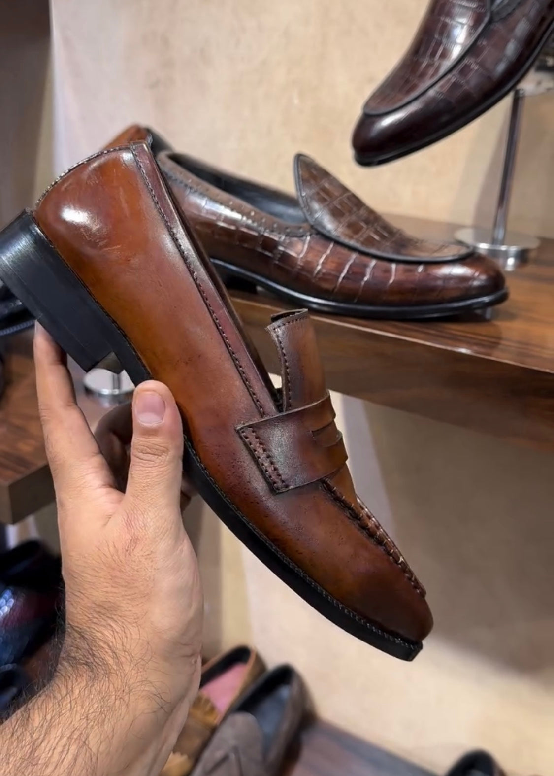 Tan Patina Italian Crust Penny Loafers
