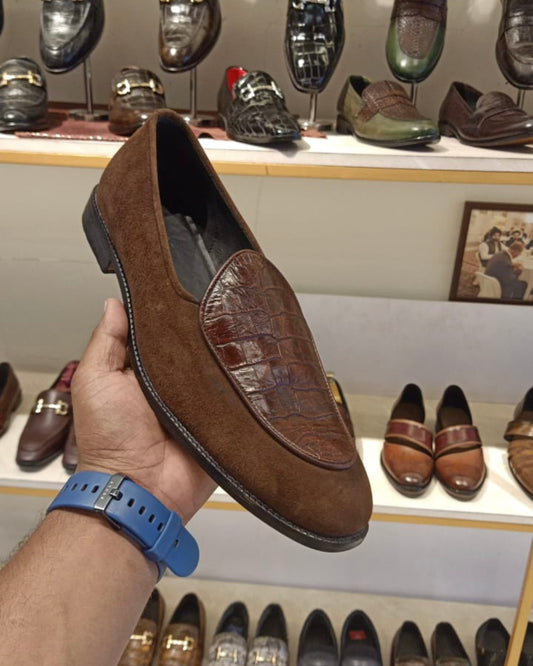 Mud Brown Suede Croco Belgian Loafers