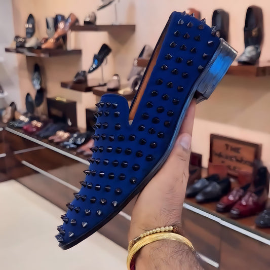 Blue Studded Moccasins with Orange Interior and Red Bottoms