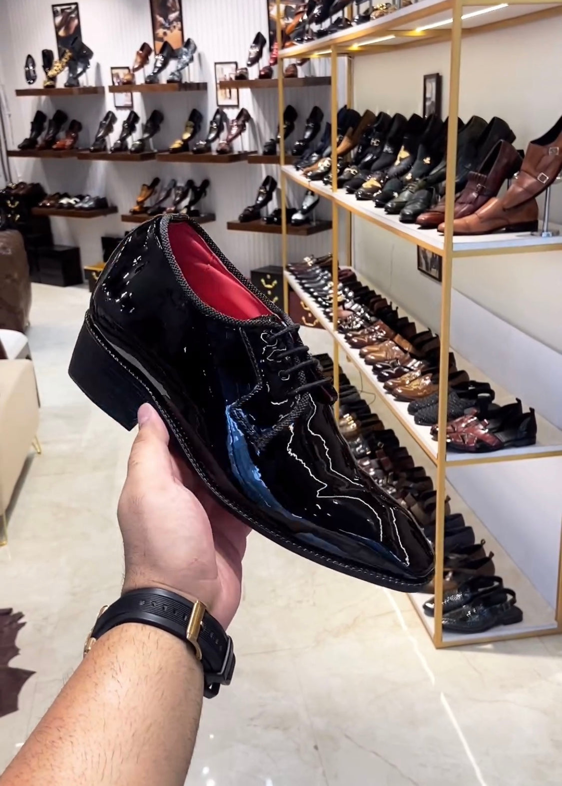 Patent Tuxedo Derbies with Red Interior and Red Bottoms