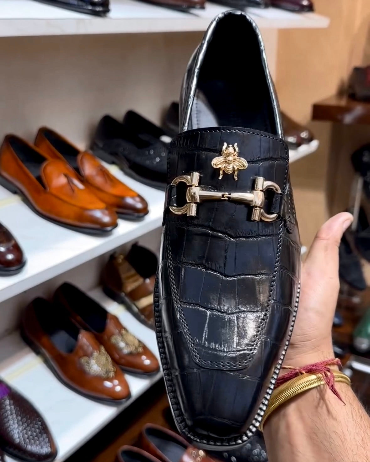 Black Crocodile Scaled Horsebit Loafers with Bee