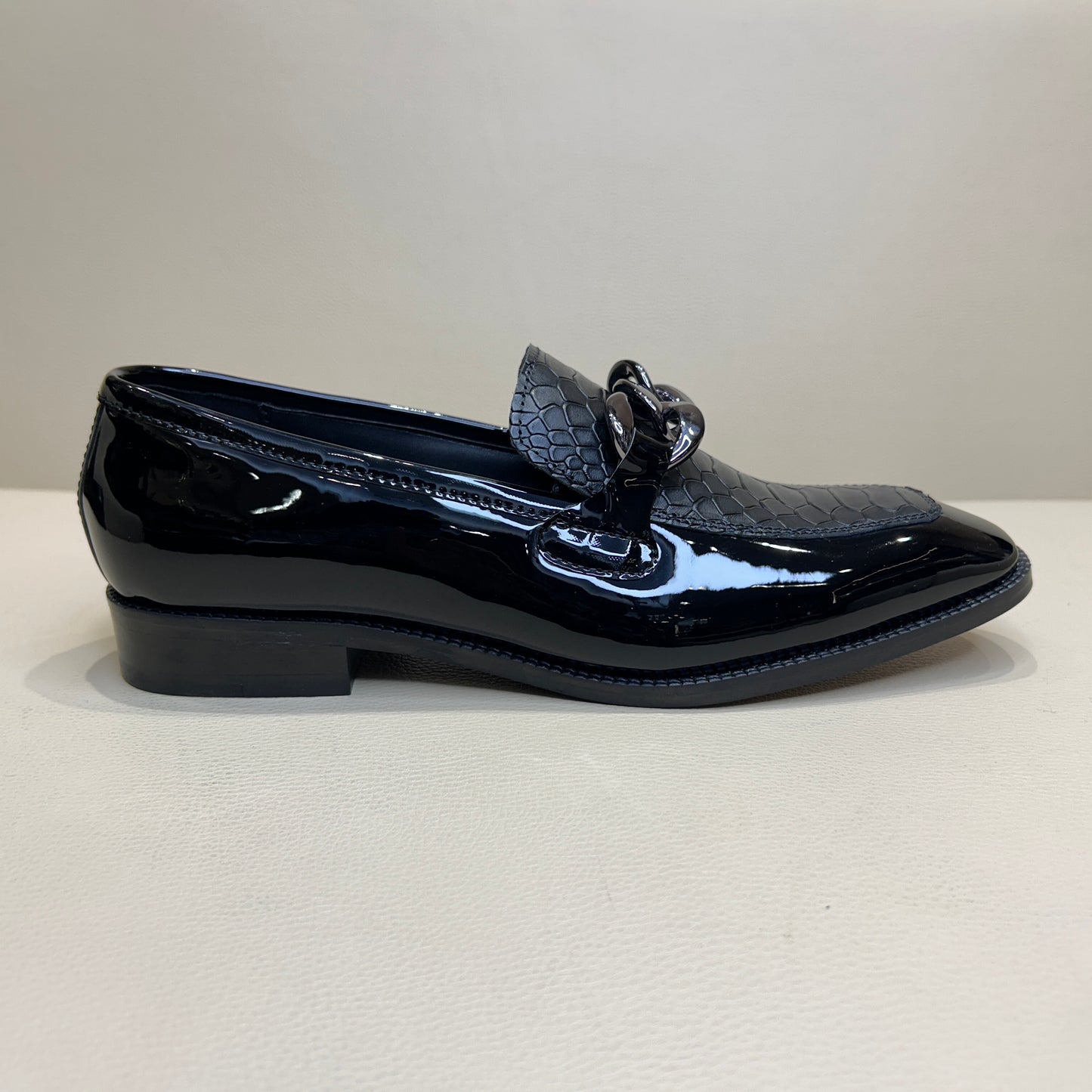 Black Patent Cobra Scaled Moccasins with Gunmetal Chain Buckle