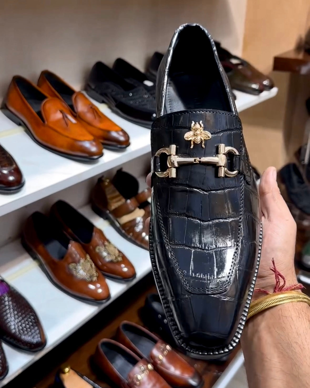 Black Crocodile Scaled Horsebit Loafers with Bee