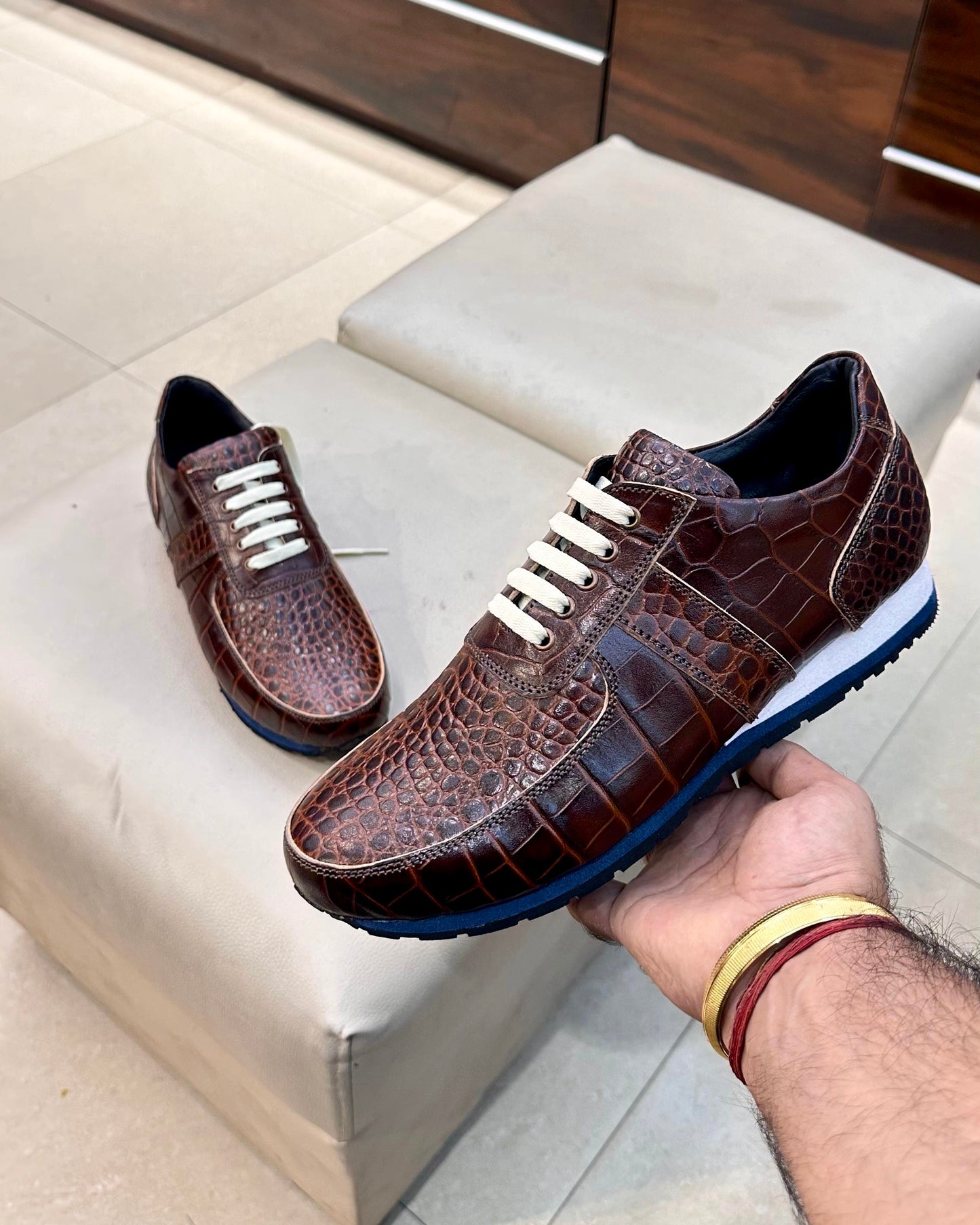 Brown Crocodile Scaled Lace-up Sneakers with Lightweight Eva Sole