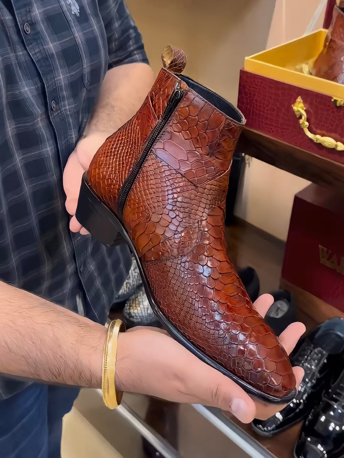 Tan Cobra Scaled Cuban Heel Zip Boots