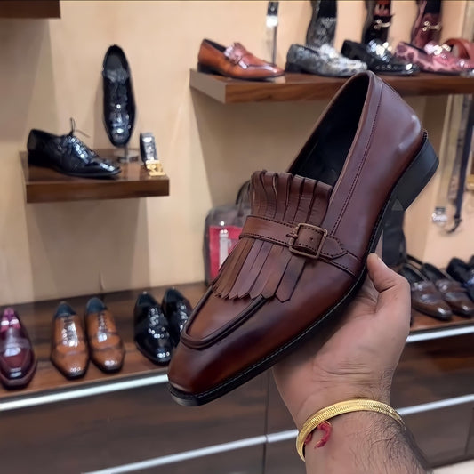 Pure Italian Leather Brown Fringe Moccasins