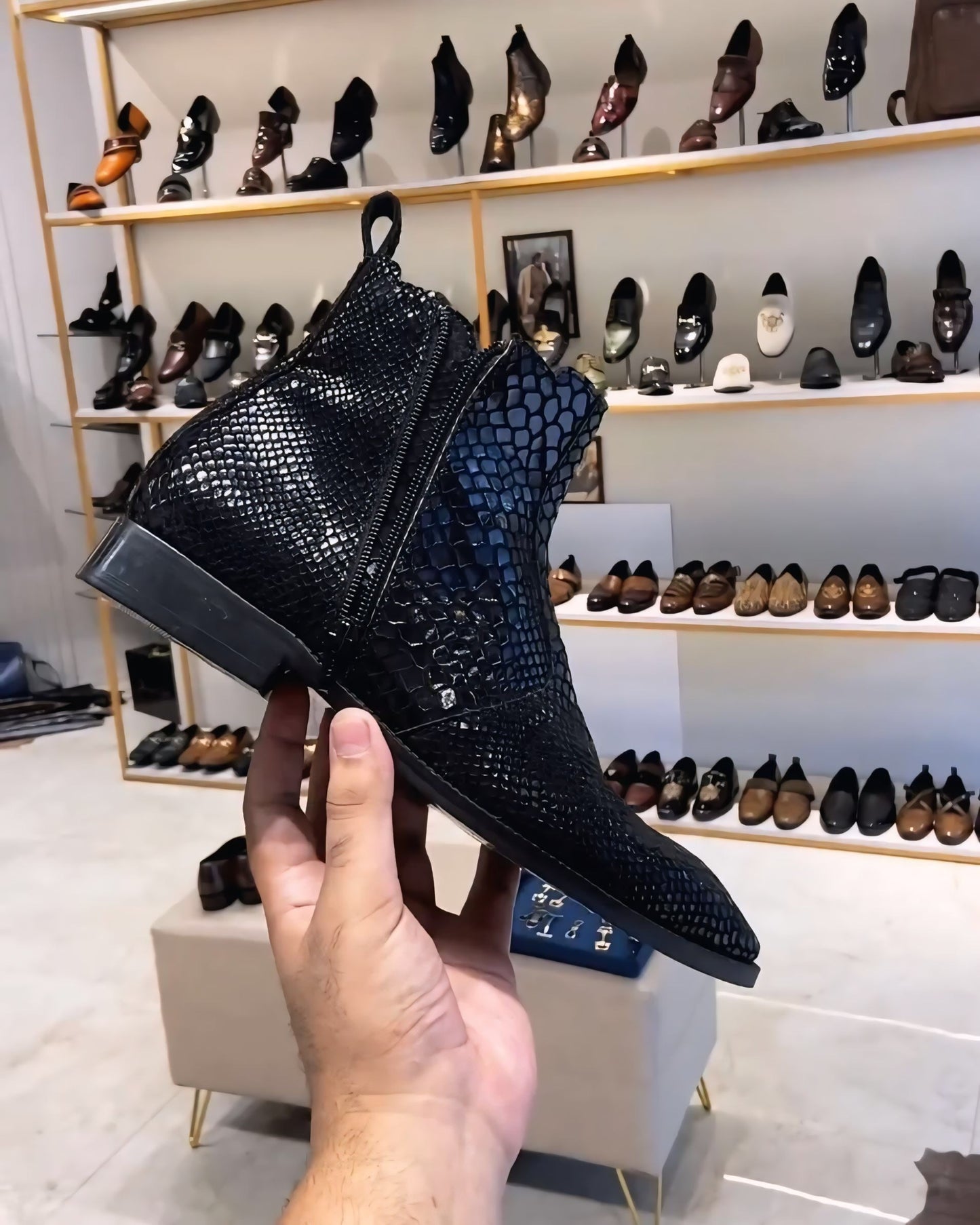 Black Signature Snake Foil Zipper Boots