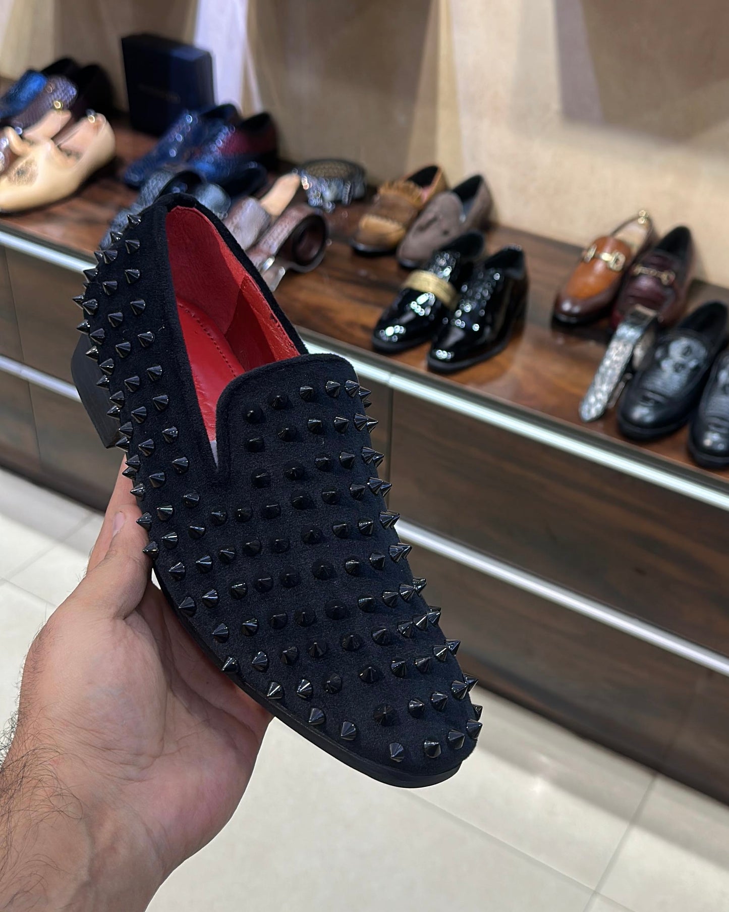 Black Studded Loafers with Red Lining