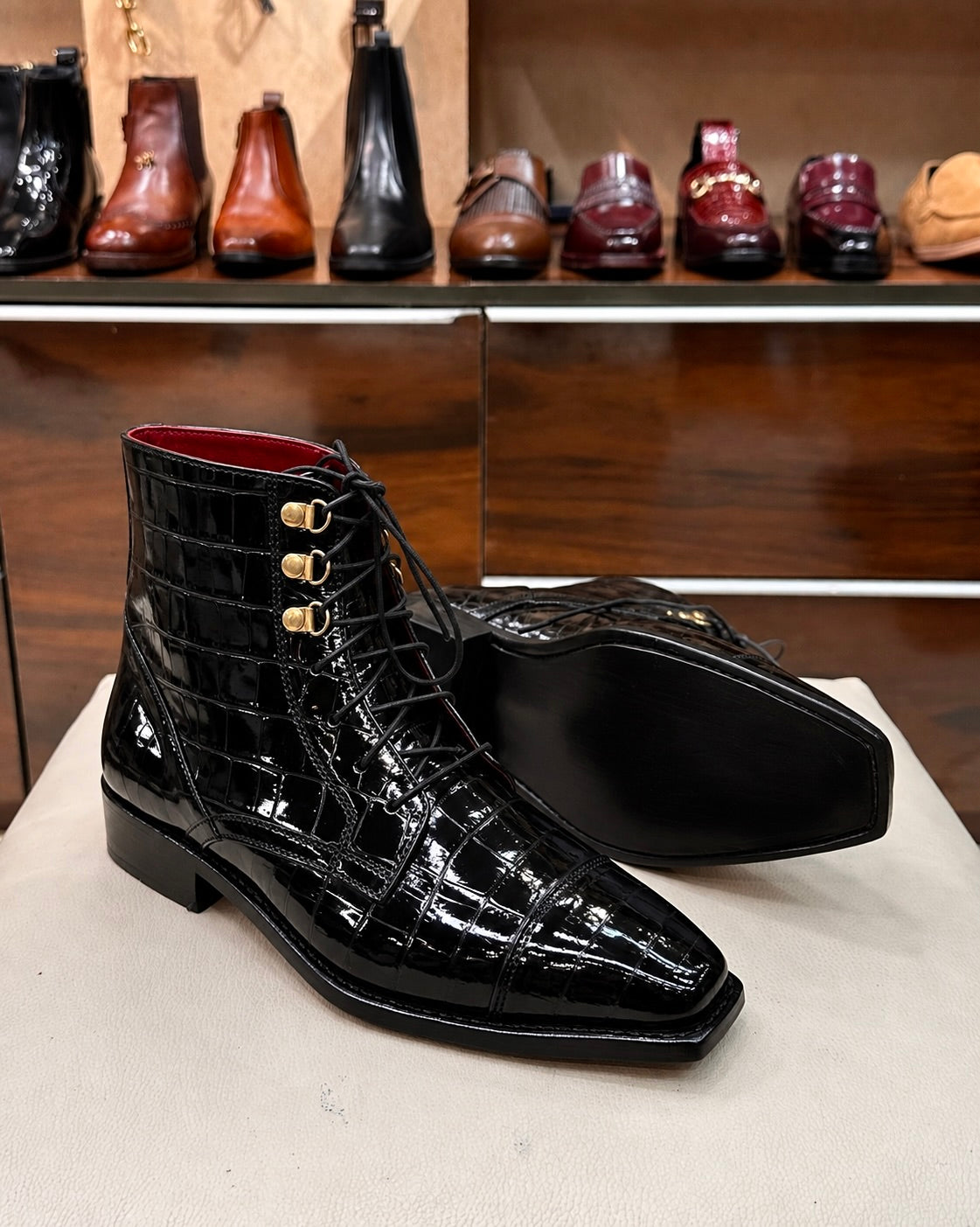 Goodyear Welted Black Patent Croco Derby Cap Toe Boots