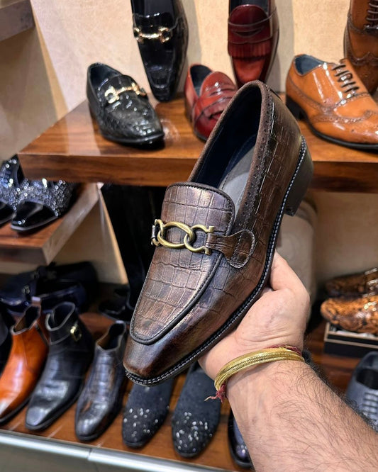 Mettalic Brown Crocodile Scaled Moccasins
