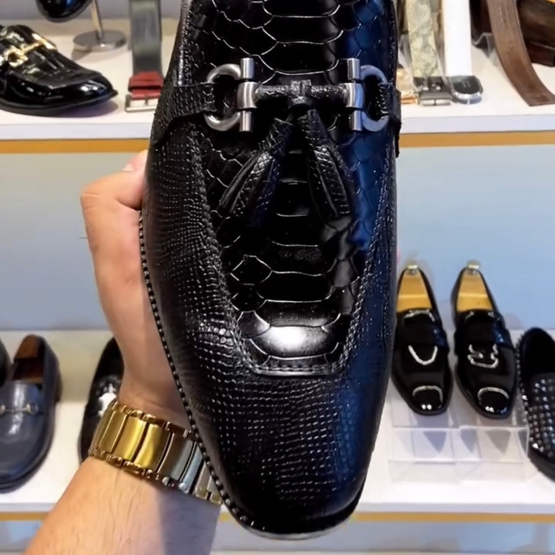 Black Cobra Scaled Tassel Mules with White Foot Bed