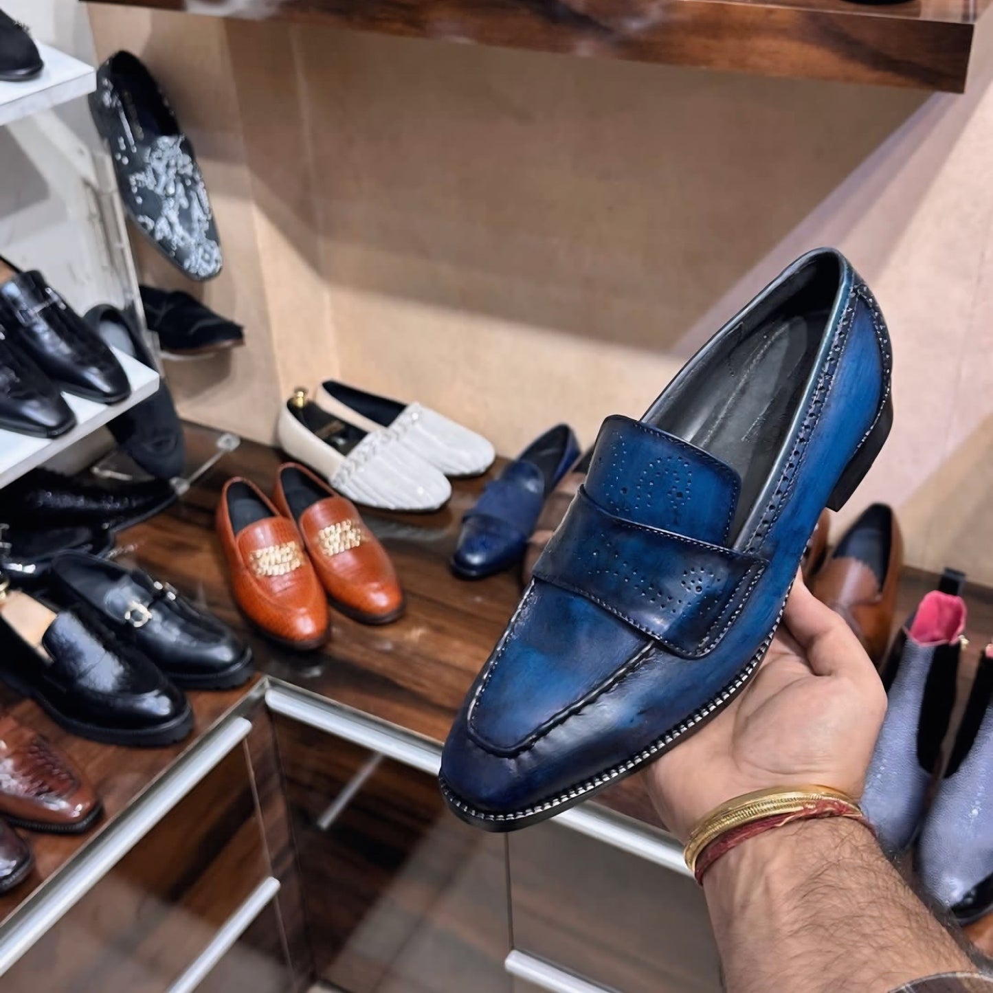 Blue Patina Quarter Brogue Strap Moccasins