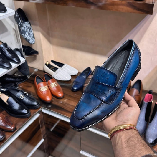 Blue Patina Quarter Brogue Strap Moccasins