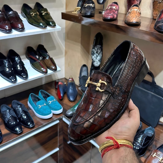 Burnished Brown Crocodile Loafers with Gold Buckle