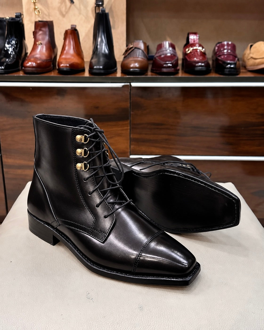 Goodyear Welted Polished Black Derby Cap Toe Boots