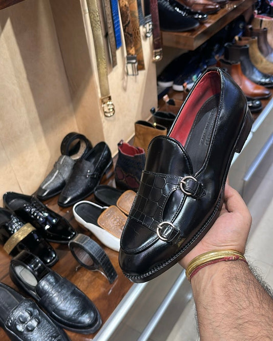 Italian Smooth Calf Croc Double Monk Loafers
