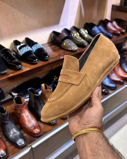 Beige Suede Penny Loafers with Flat Leather Sole