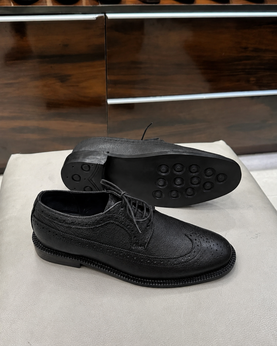 Black Full Grain Leather Brogues With Dainite Sole