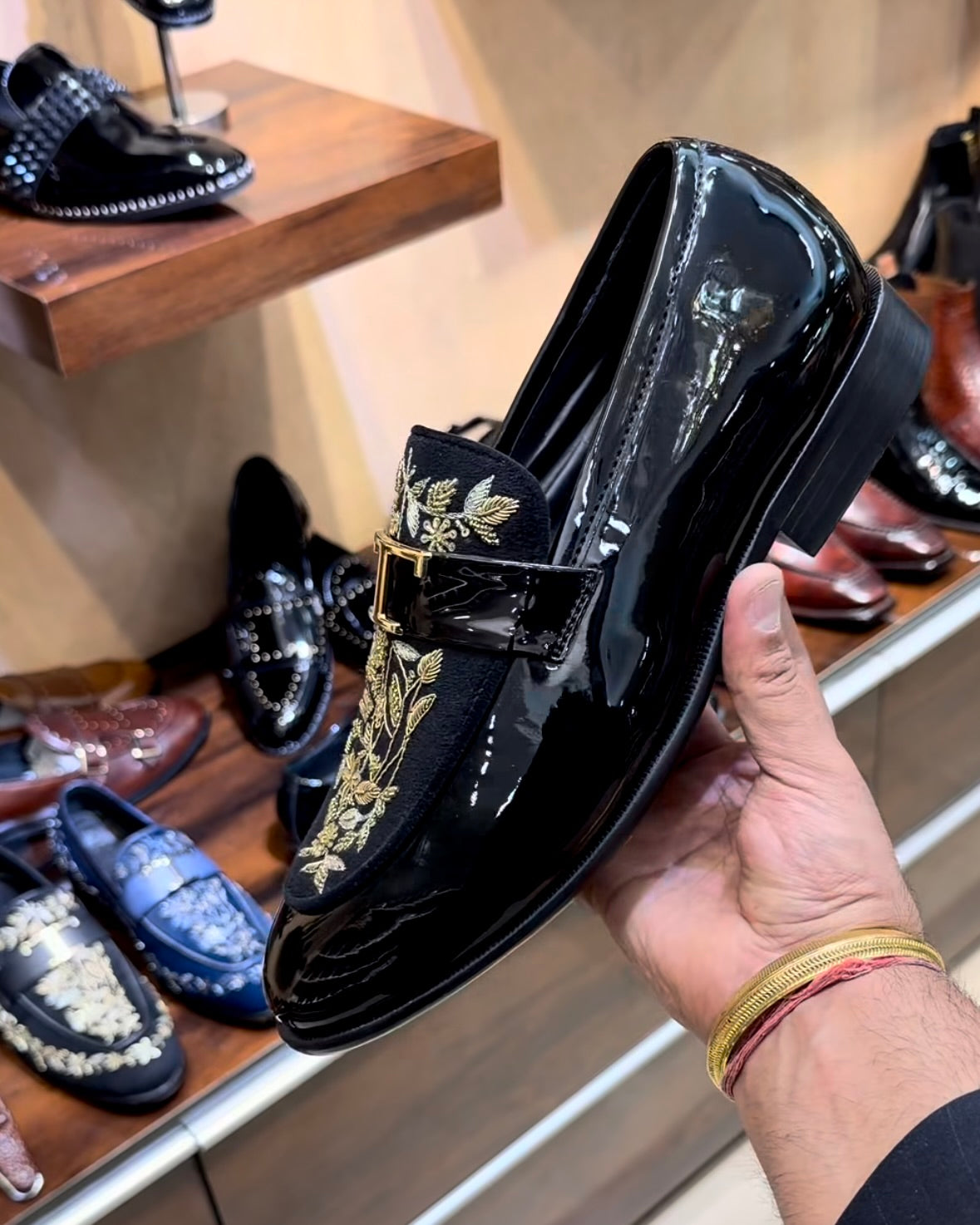 Black Patent Leather Gold Hand-embroidered Spectator Loafers