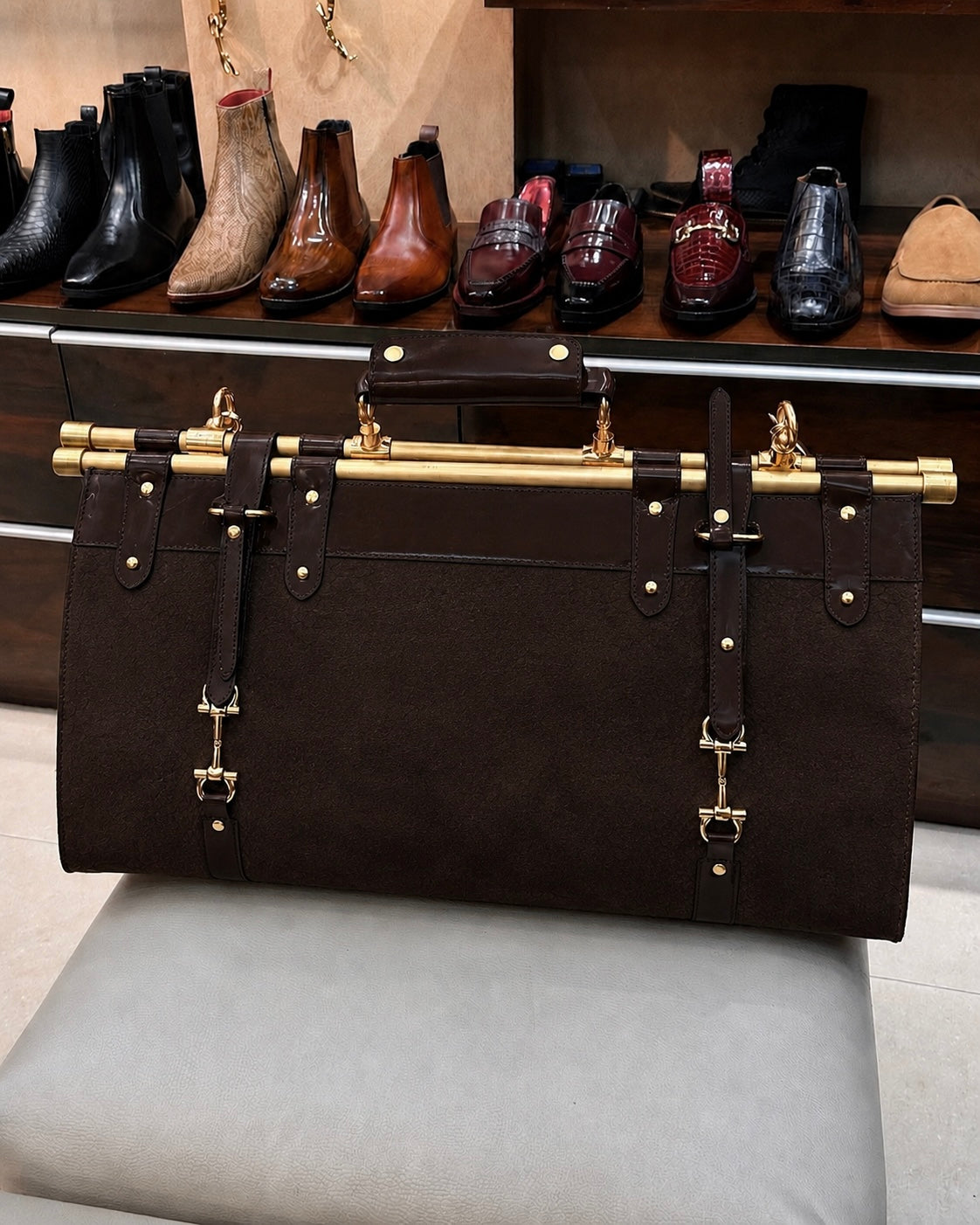 Dark Brown Suede Duffle Bag With Gold Pipes
