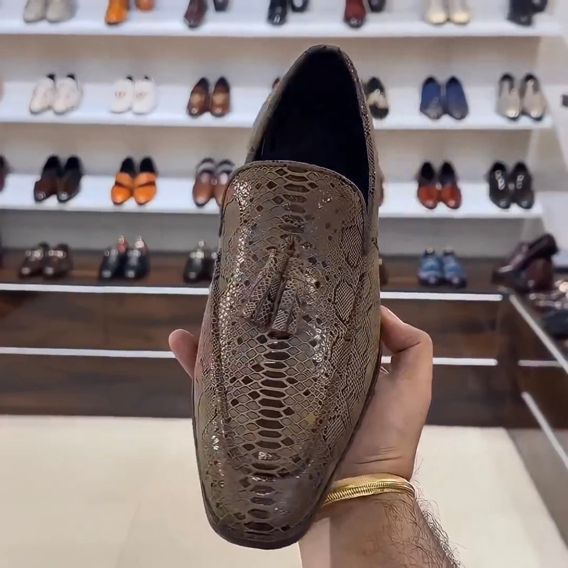 Exotic Desert Snake Scaled Tassel Loafers with Brown Sole
