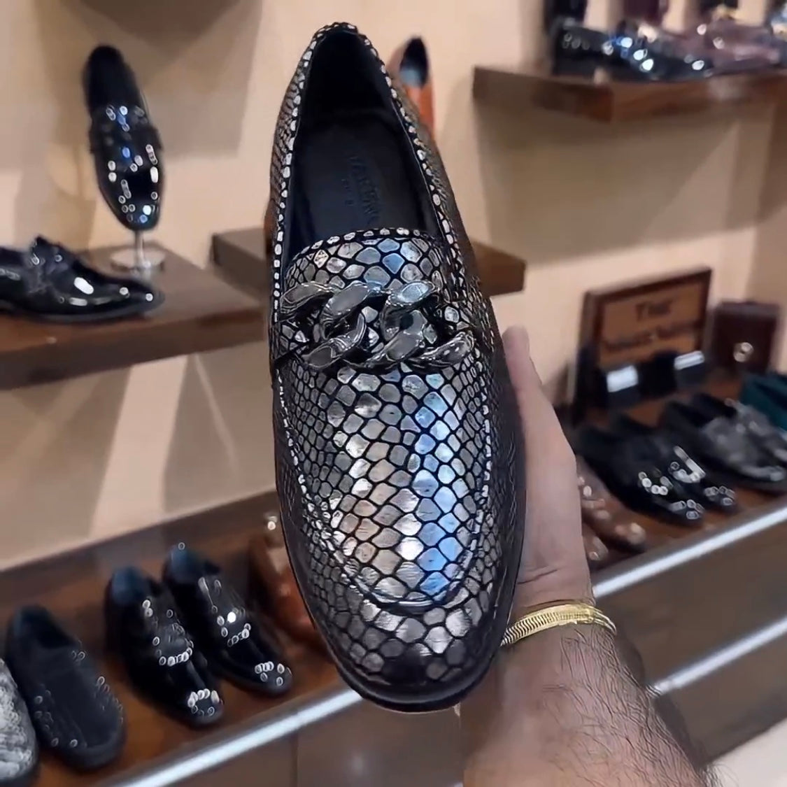 Exotic Silver Snake Foil Moccasins with Silver Chain Buckle