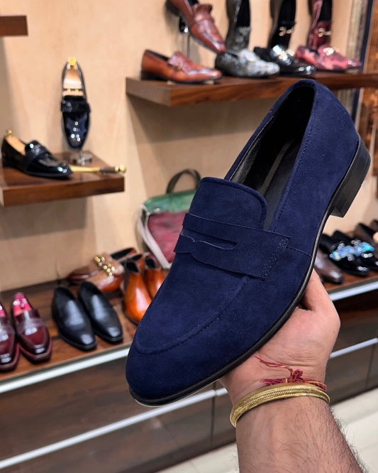 Navy Pure Italian Suede Penny Moccasins
