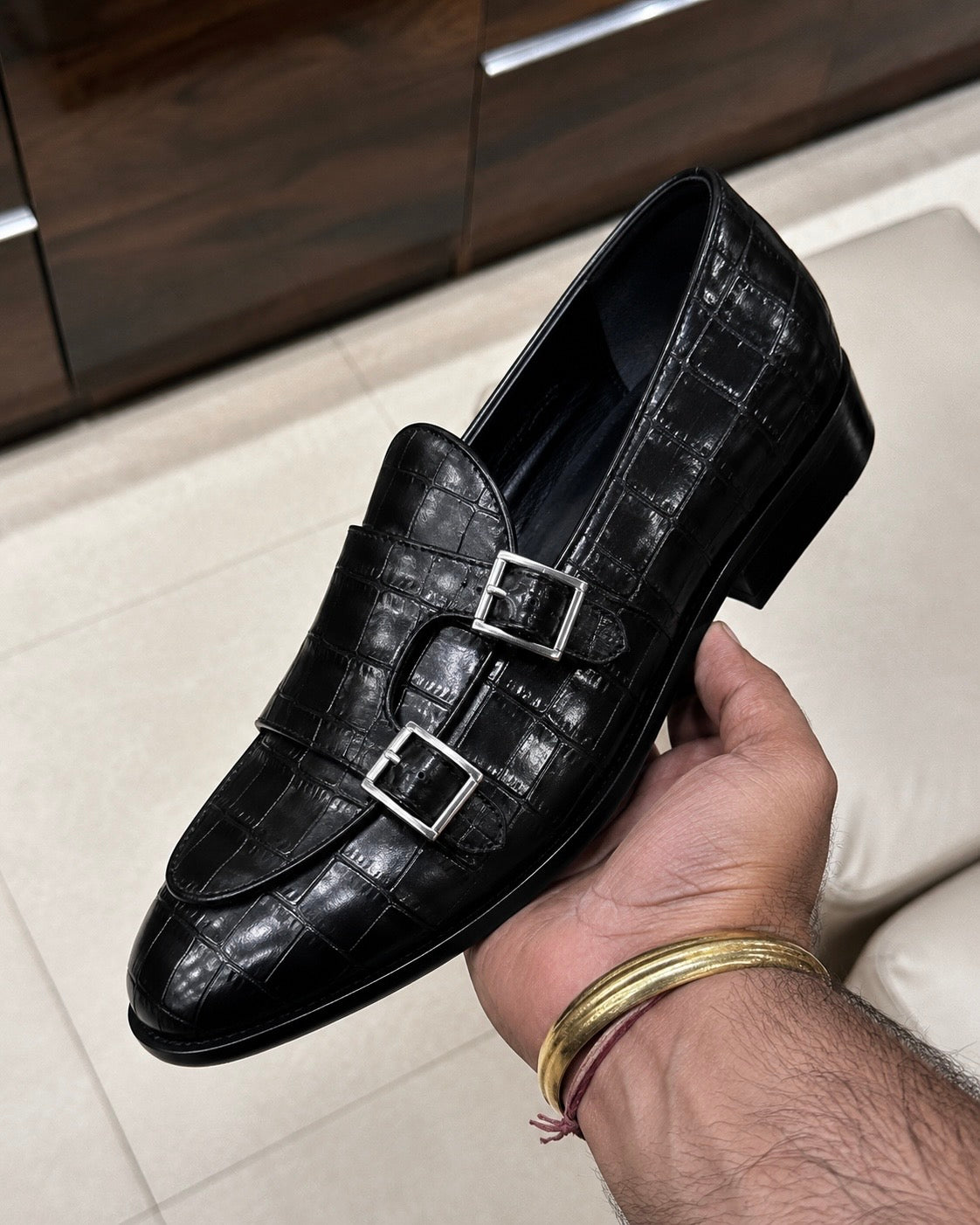 Black Crocodile Double Monk Strap Loafers