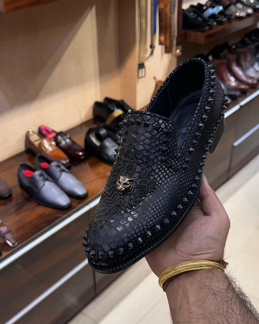 Signature Snake Foil Studded Embroidered Moccasins