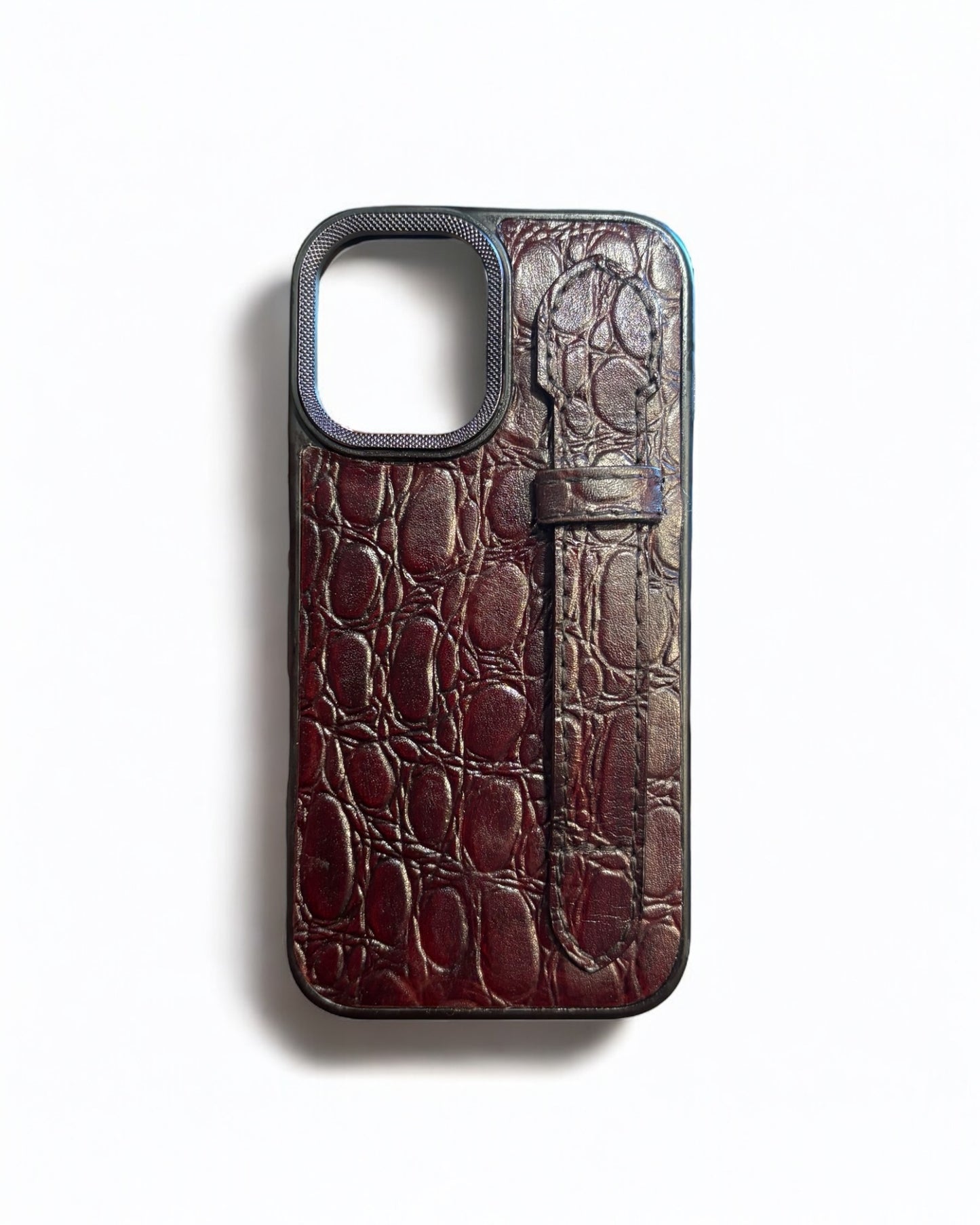 Burgundy Baby Crocodile Leather Mobile Cover with Holding Finger
