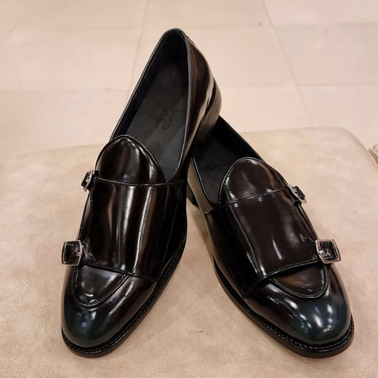 Classic Black Smooth Calf Leather Double Monk Loafers