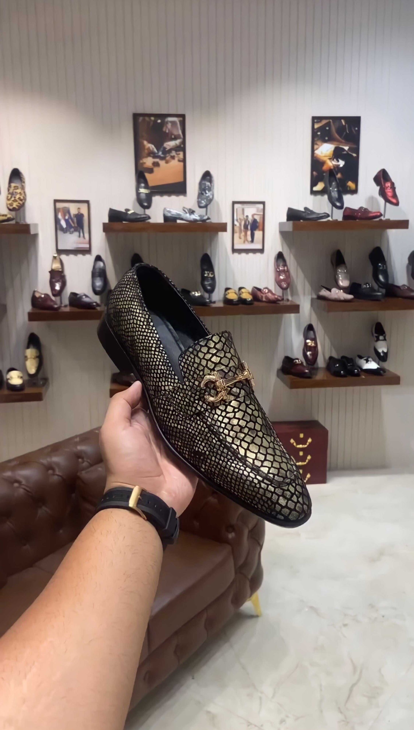 Exotic gold snake foil moccasin shoe with textured snake pattern and metal detail