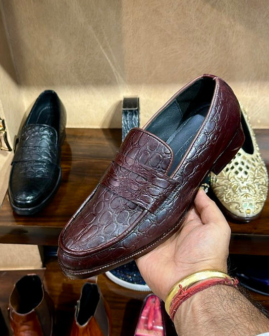 Burgundy Crocodile Scaled Penny Moccasins