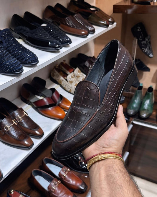 Dark Brown Crocodile Scaled Slip-ons