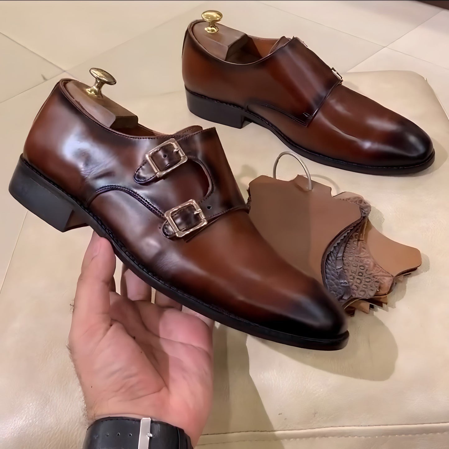 Cognac Patina Double Monks on Pure Italian Crust Leather