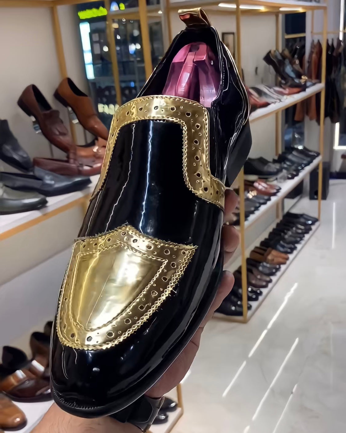 Gold Wingtip Patent Leather Slip-on Oxfords