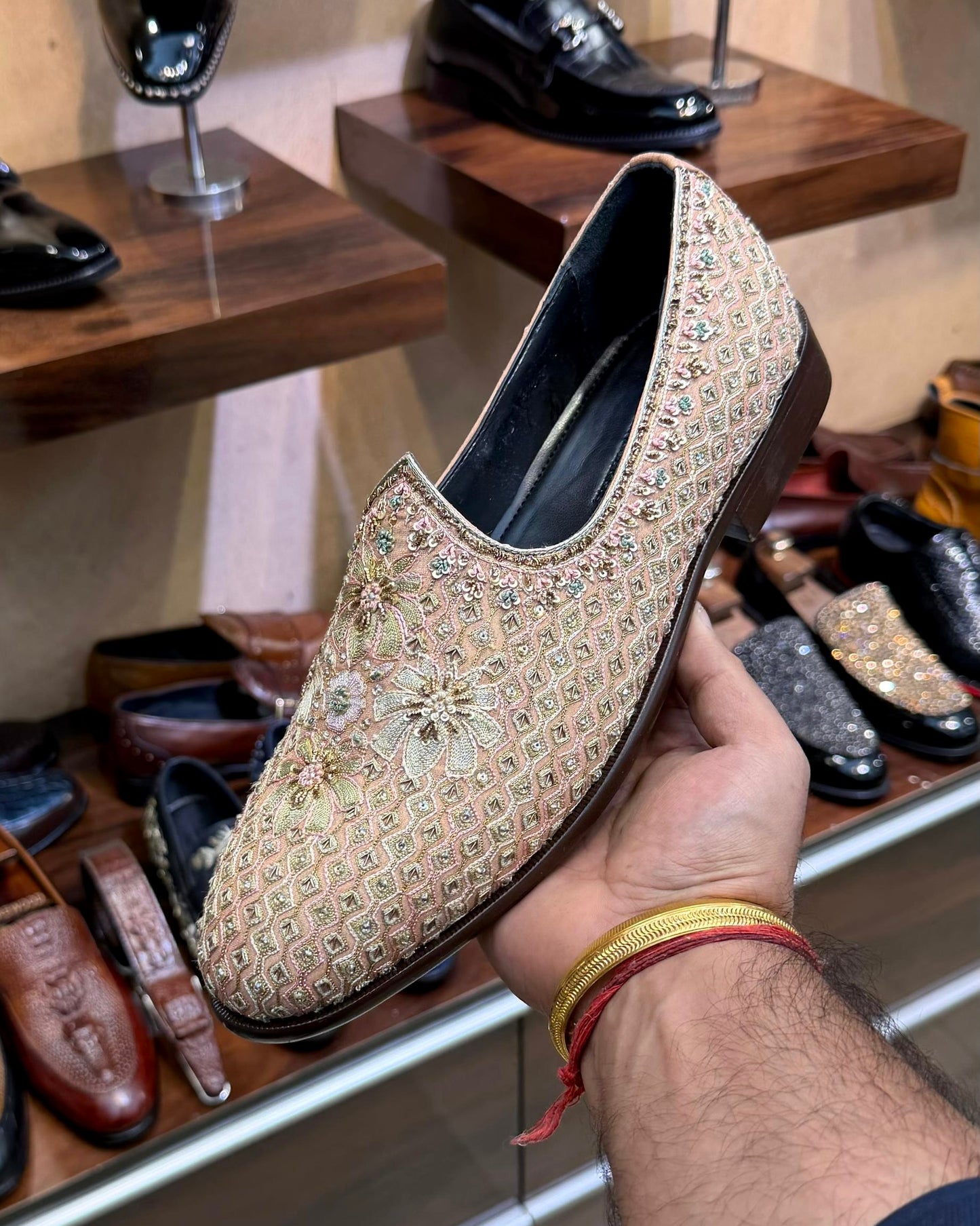 Limited Edition Floral Hand-embroidered Mojaris on Raw Silk