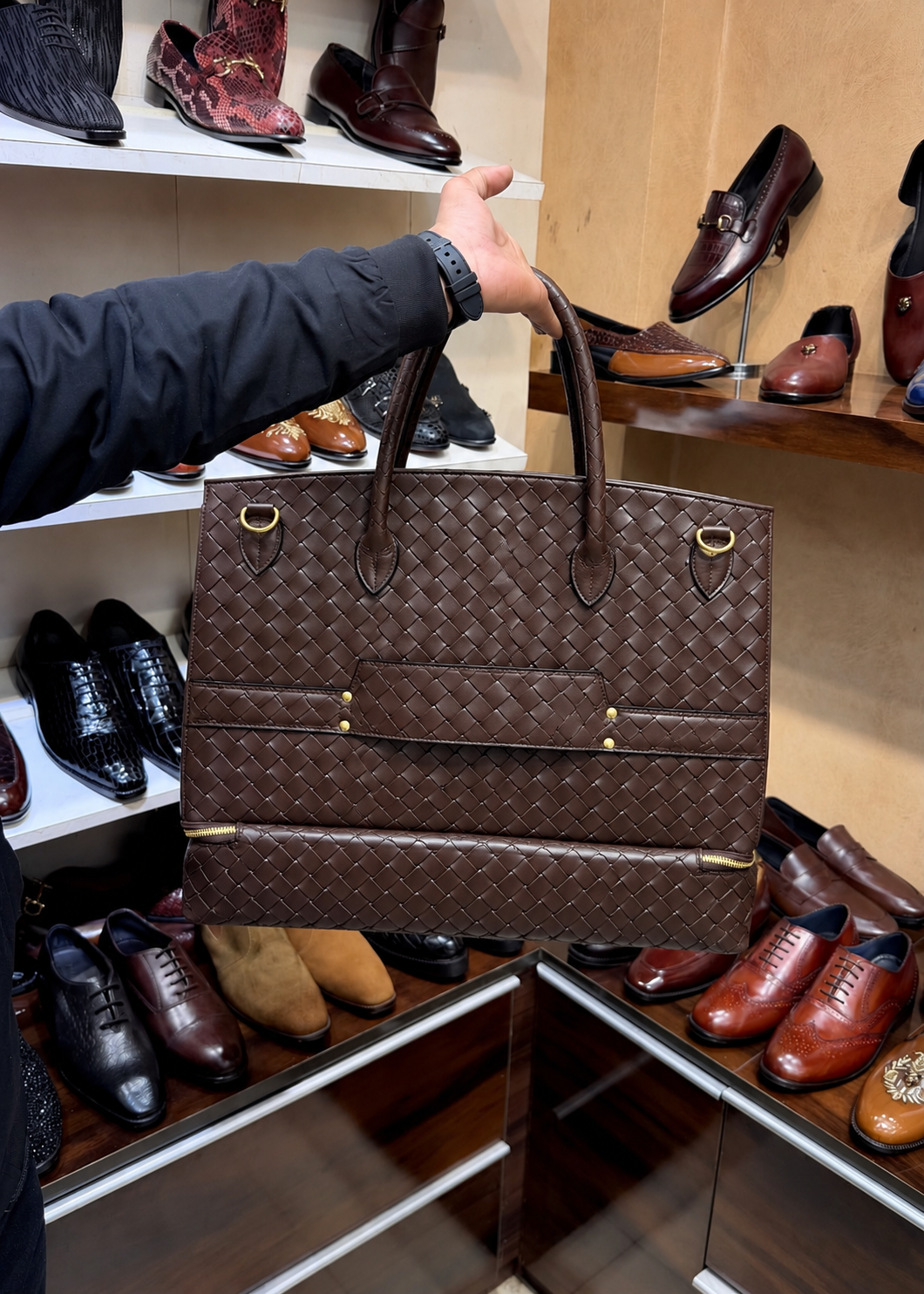 Dark Brown Hand-Woven Leather Travel Bag with Bottom Shoe Compartment