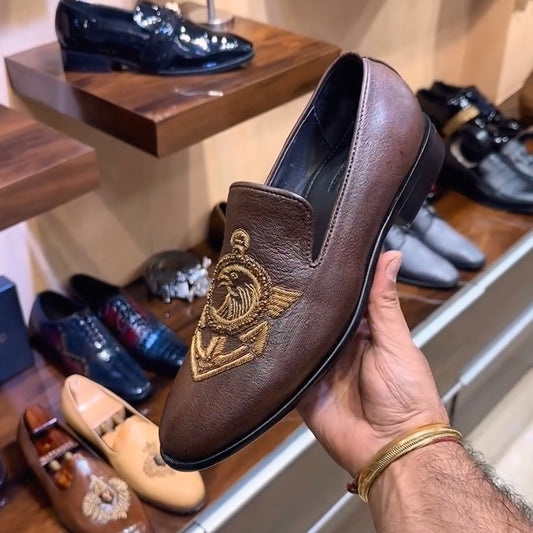 Brown Natural Grain Leather Embroidery Moccasins