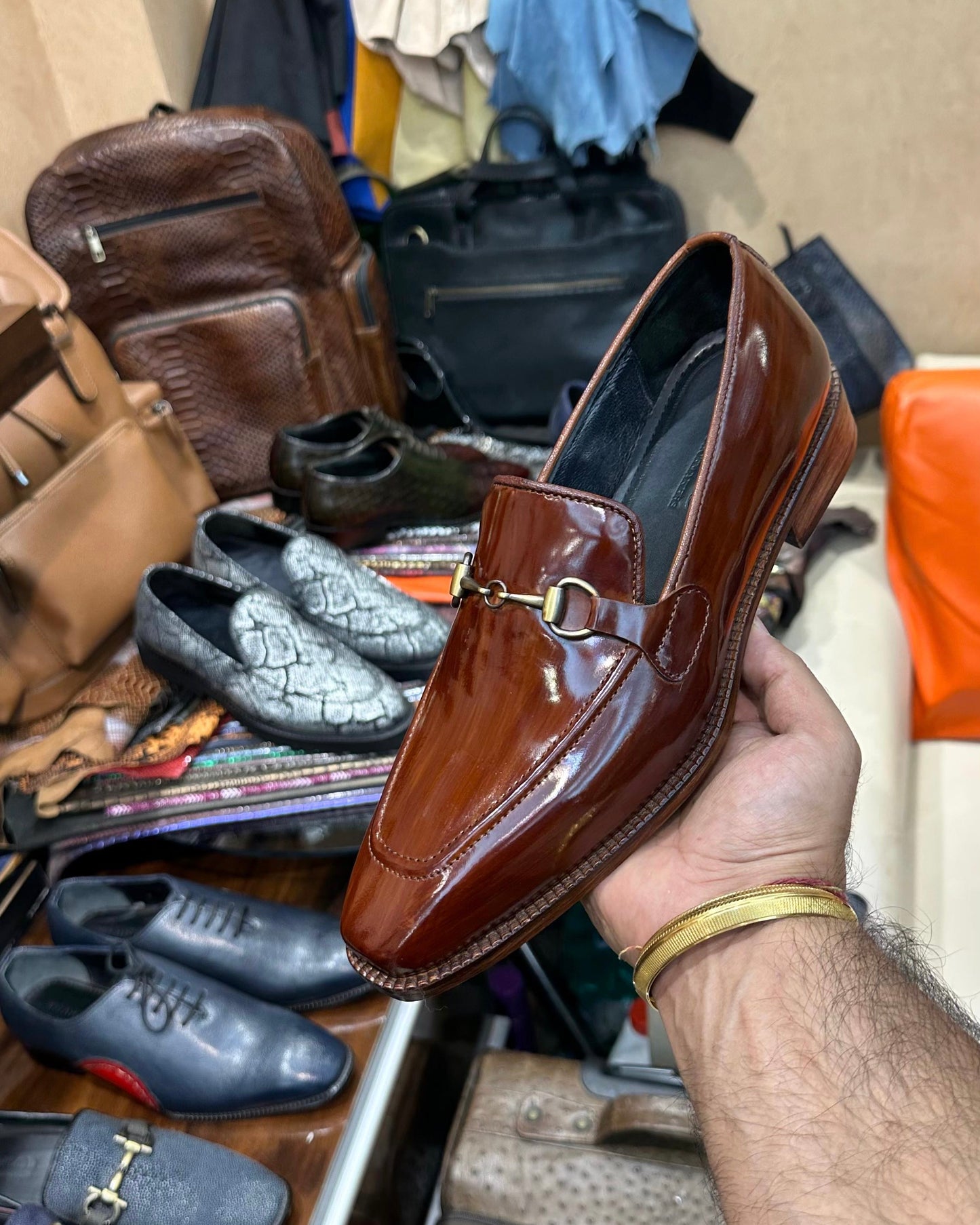 Rich Brown Mirror Gloss Horsebit Loafers with Wood Finish Sole