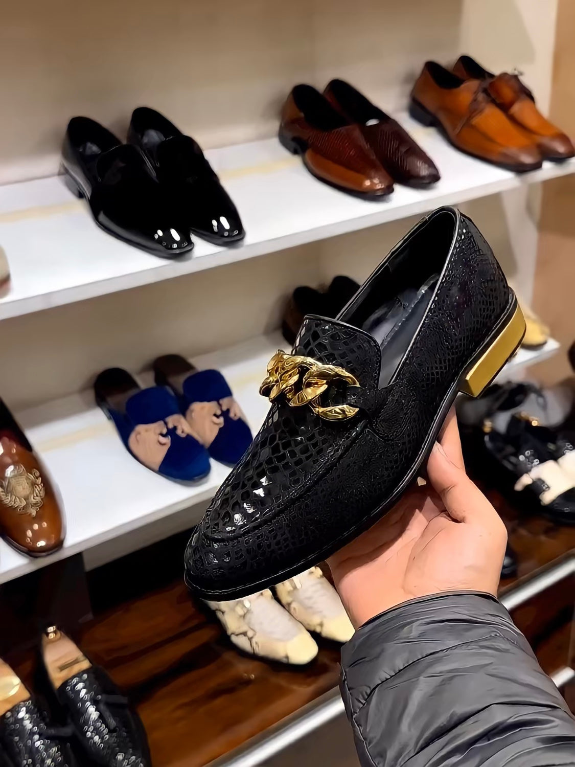 Signature Snake Foil Gold Heel Moccasins with Chain Buckle