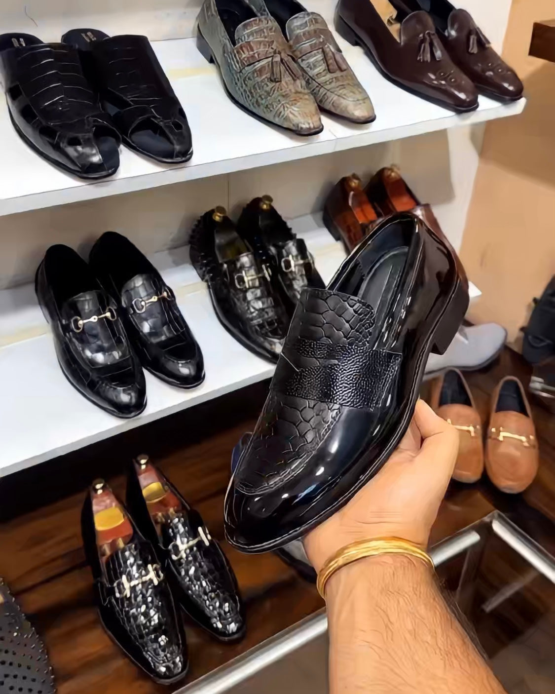 Patent Cobra Scaled Spectator Moccasins