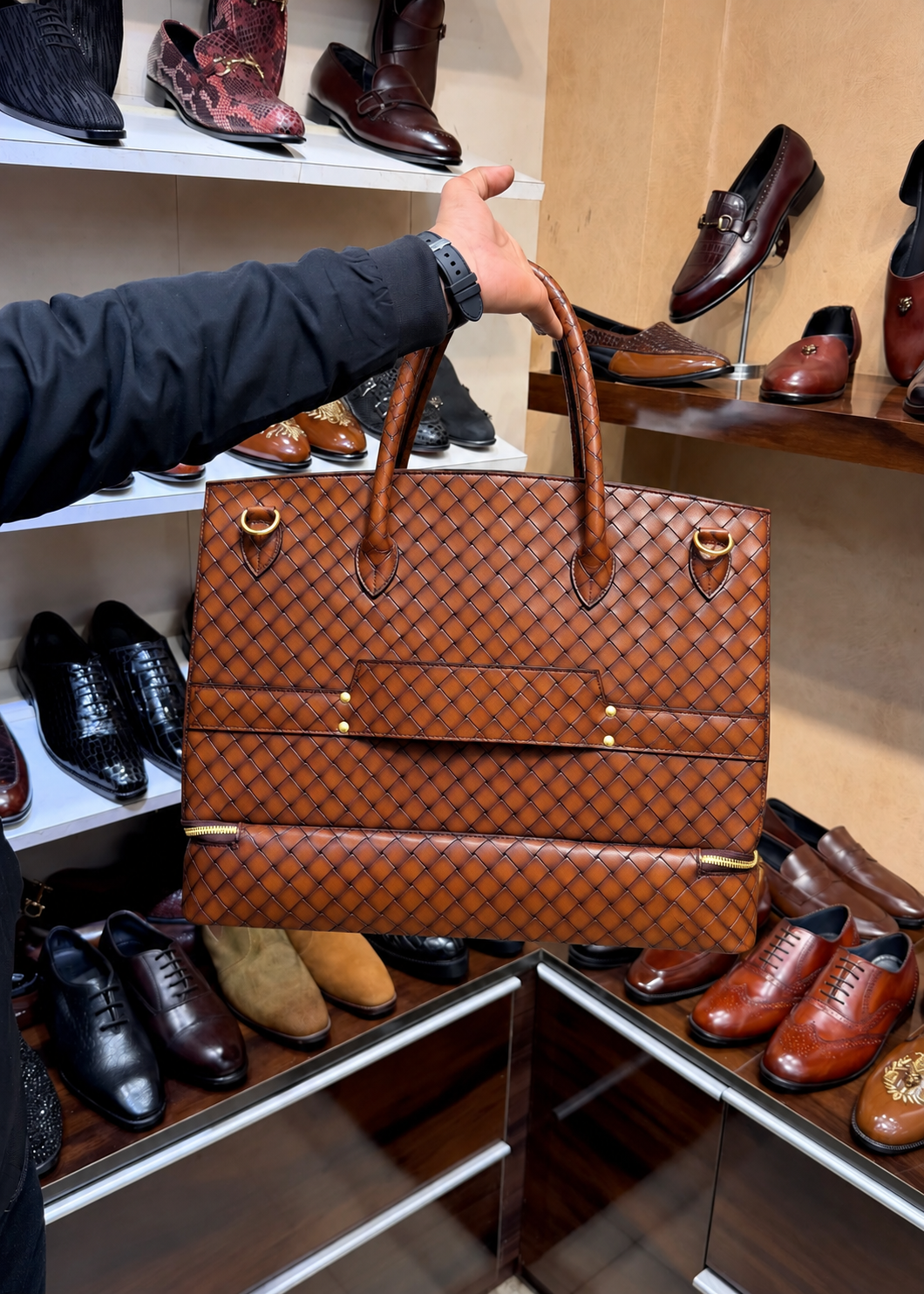 Burnished Tan Hand-Woven Leather Travel Bag with Bottom Shoe Compartment