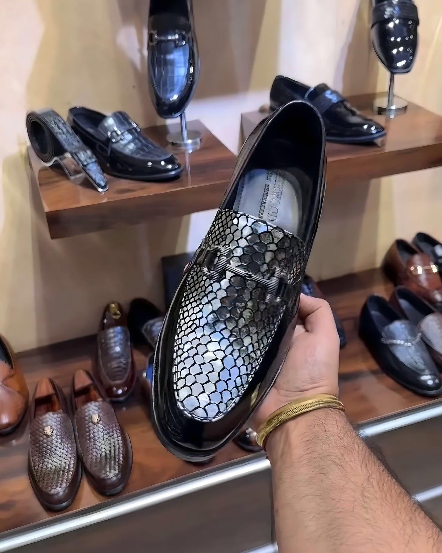 Luxe Edition Silver Snake Foil and Studded Cuban Heel Moccasins