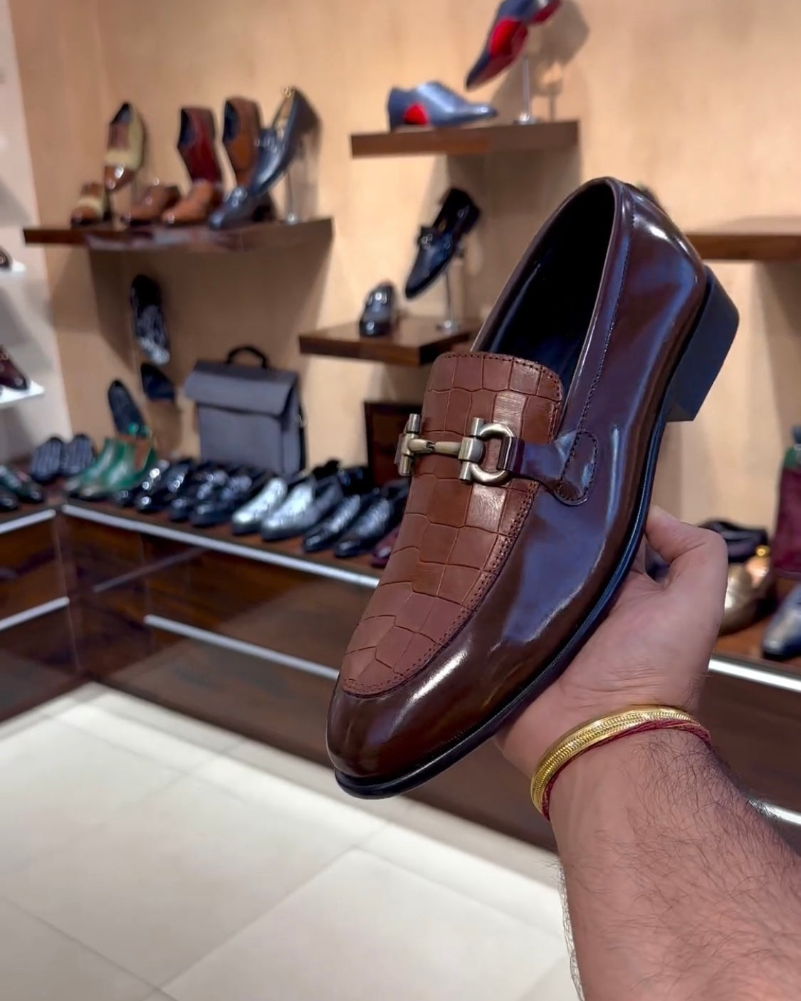 Caramel Brown Crocodile Scaled Spectator Moccasins