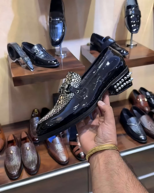 Luxe Edition Silver Snake Foil and Studded Cuban Heel Moccasins