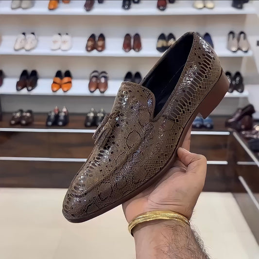 Exotic Desert Snake Scaled Tassel Loafers with Brown Sole