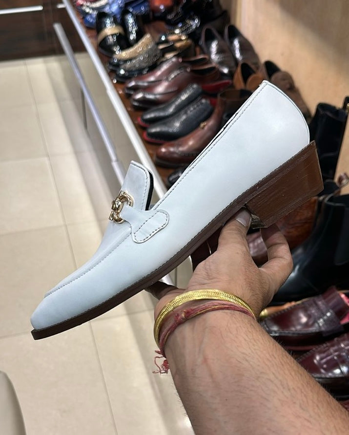 White Italian Leather Horsebit Loafers with Brown Cuban Heel