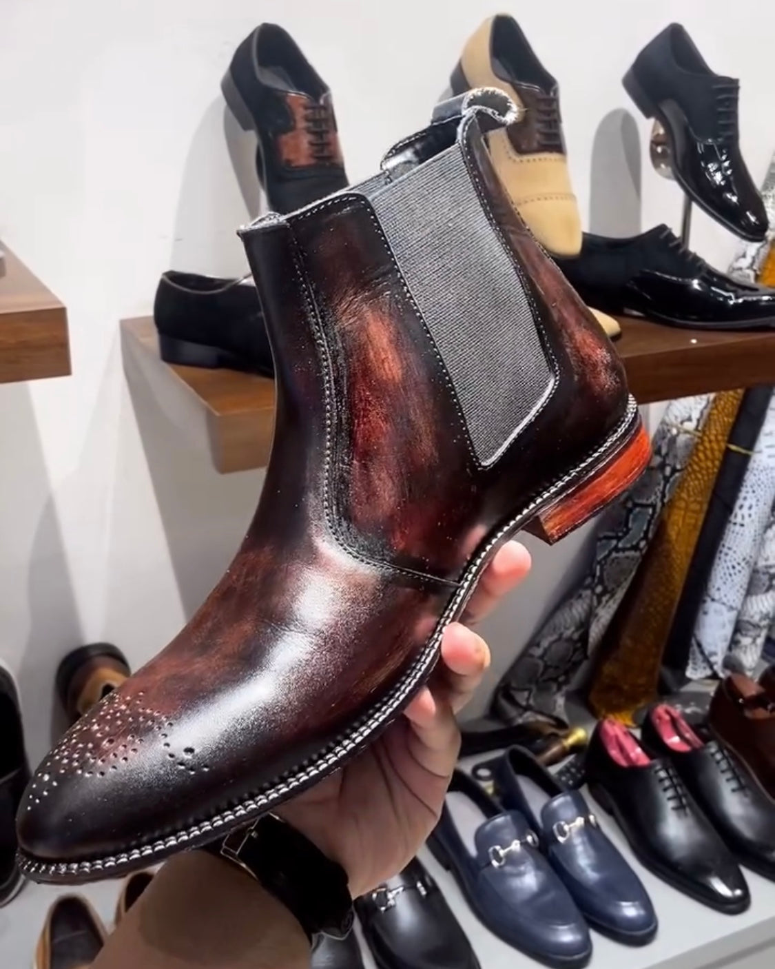 Burnished Brown Patina Italian Crust Leather Chelsea Boots
