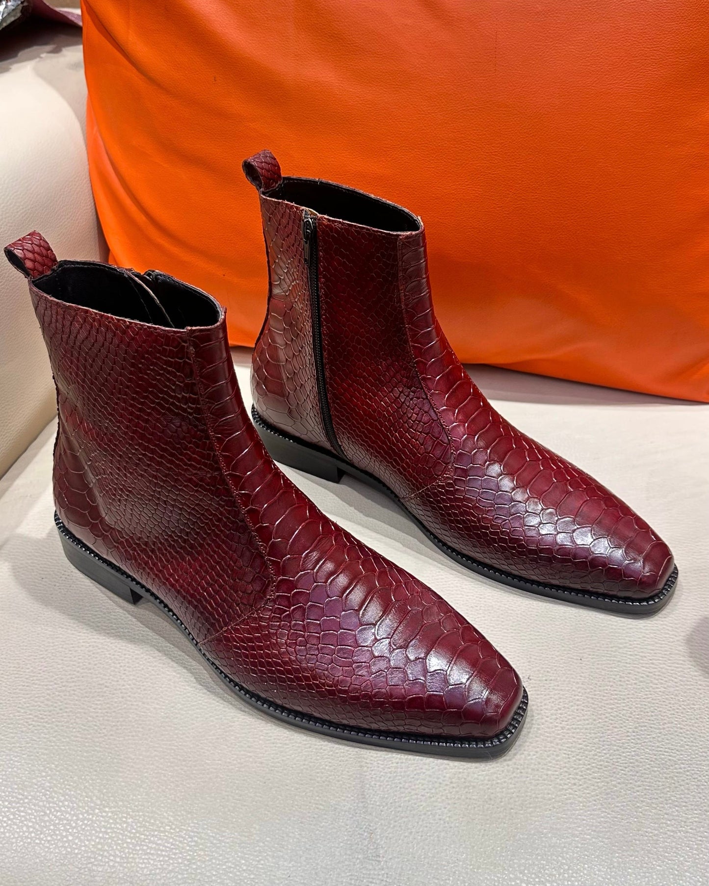 Burgundy Cobra Scaled Zip Boots